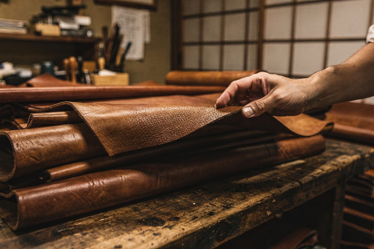 作業台に積まれた革を選定する職人の手元